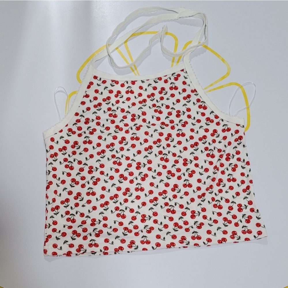 Dolls Kill Cherry Print White Halter Tie Top Size Large